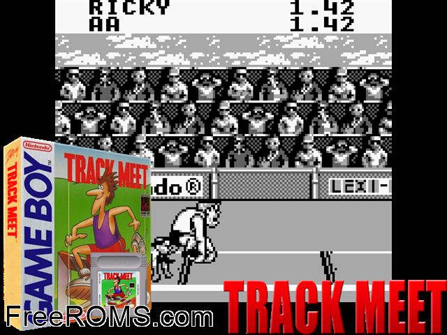 Track Meet Gameboy Color game showing 3D box cover and gameplay screenshot
