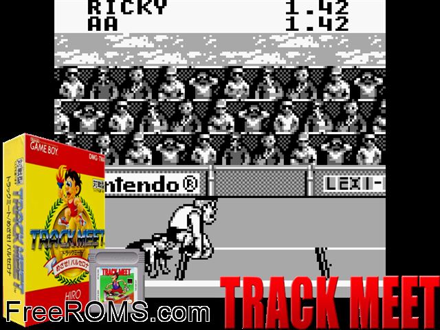 Track Meet (Japan) Gameboy Color game showing 3D box cover and gameplay screenshot
