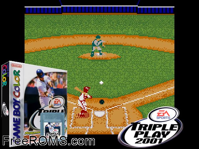 Triple Play 2001 Gameboy Color game showing 3D box cover and gameplay screenshot
