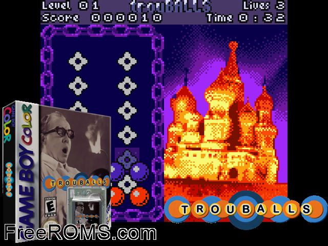 Trouballs Gameboy Color game showing 3D box cover and gameplay screenshot