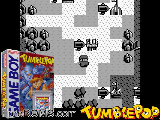 Tumble Pop Gameboy Color game showing 3D box cover and gameplay screenshot