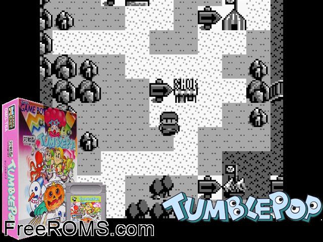 Tumble Pop (Japan) Gameboy Color game showing 3D box cover and gameplay screenshot