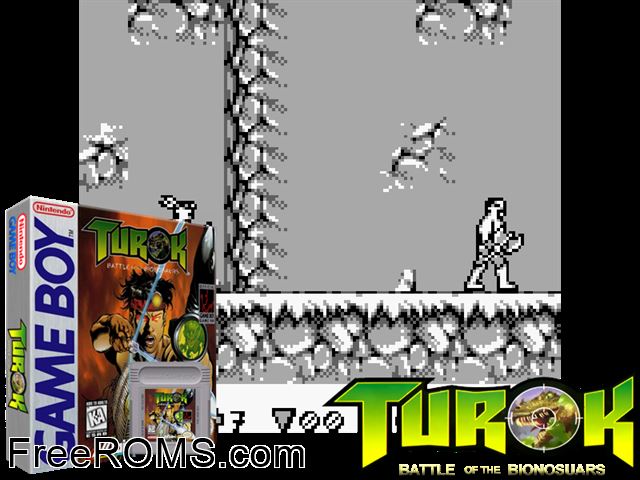 Turok - Battle Of The Bionosaurs Gameboy Color game showing 3D box cover and gameplay screenshot