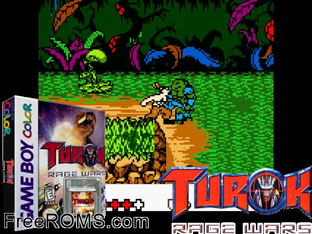 Turok - Rage Wars Gameboy Color game showing 3D box cover and gameplay screenshot