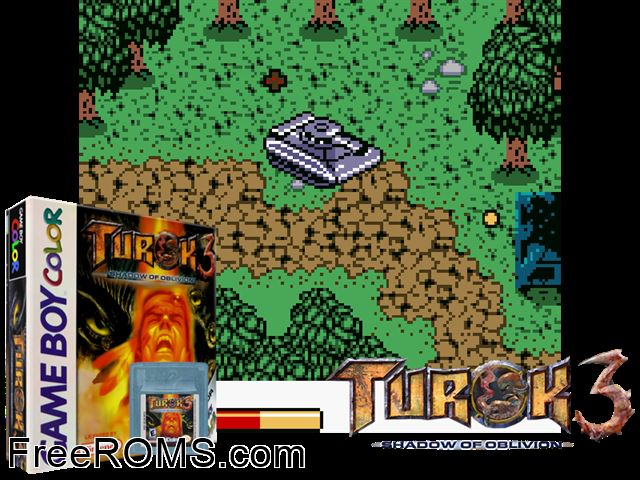Turok 3 - Shadow Of Oblivion Gameboy Color game showing 3D box cover and gameplay screenshot
