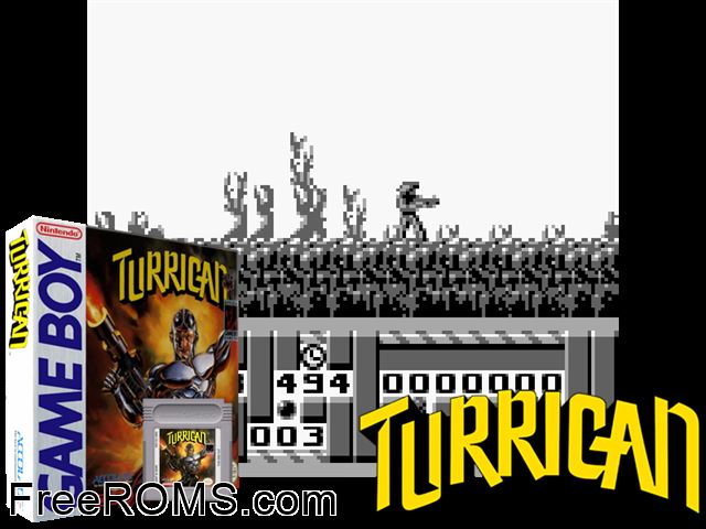 Turrican Gameboy Color game showing 3D box cover and gameplay screenshot