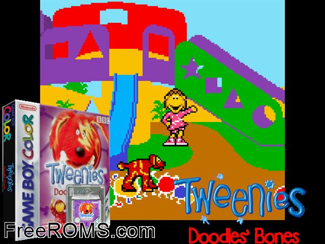 Tweenies - Doodles Bones Gameboy Color game showing 3D box cover and gameplay screenshot