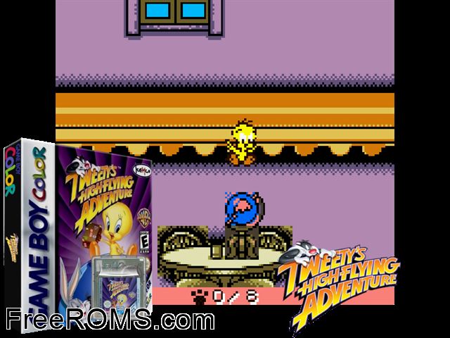Tweetys High-Flying Adventure (Eng-Fre-Ger) Gameboy Color game showing 3D box cover and gameplay screenshot
