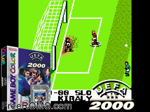 Uefa 2000 Gameboy Color game showing 3D box cover and gameplay screenshot
