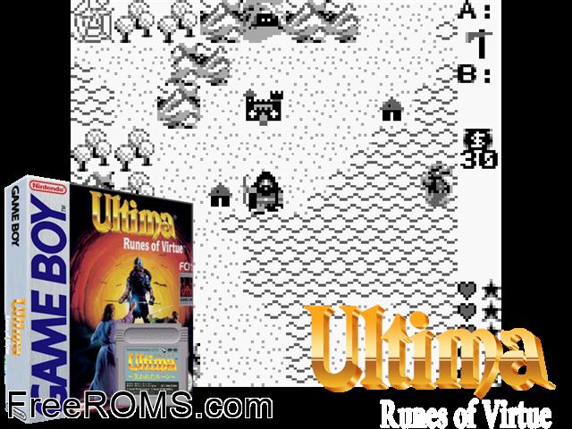 Ultima - Runes Of Virtue (Japan) Gameboy Color game showing 3D box cover and gameplay screenshot