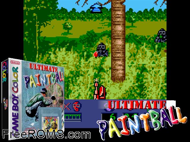 Ultimate Paint Ball Gameboy Color game showing 3D box cover and gameplay screenshot