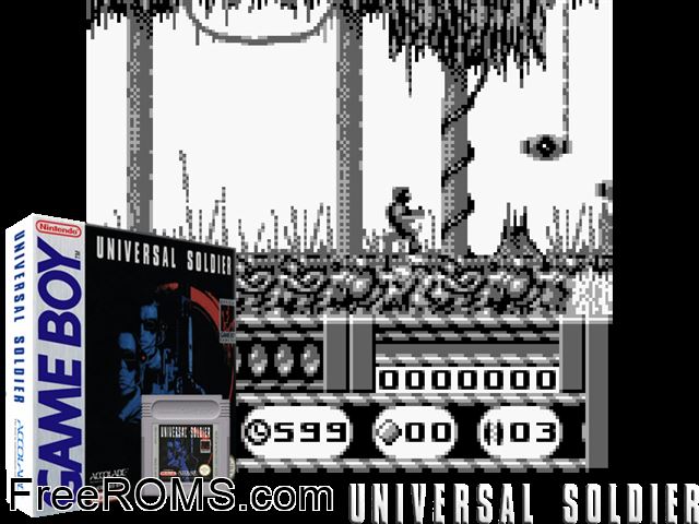 Universal Soldier Gameboy Color game showing 3D box cover and gameplay screenshot