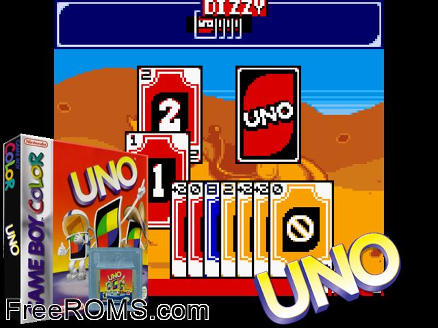 Uno Gameboy Color game showing 3D box cover and gameplay screenshot