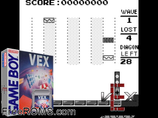 Vex Block Gameboy Color game showing 3D box cover and gameplay screenshot
