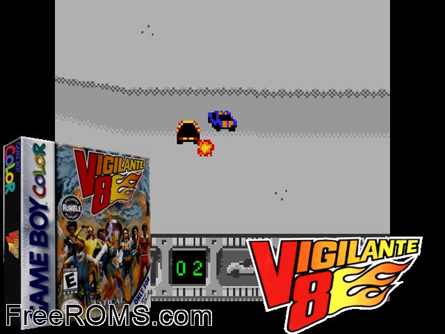 Vigilante 8 Gameboy Color game showing 3D box cover and gameplay screenshot