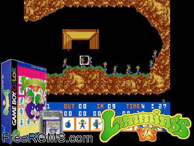 Vs Lemmings (Japan) Gameboy Color game showing 3D box cover and gameplay screenshot