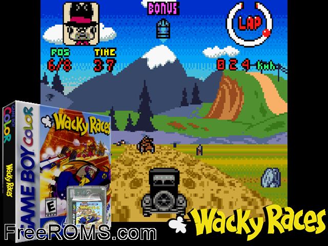 Wacky Races Gameboy Color game showing 3D box cover and gameplay screenshot