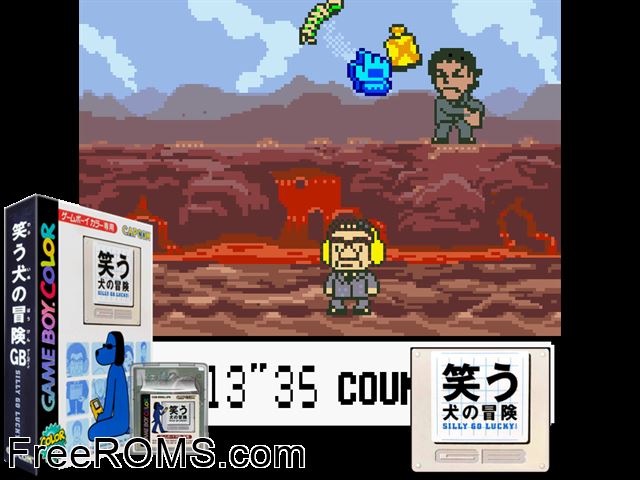 Warau Inu No Bouken - Silly Go Lucky! (Japan) Gameboy Color game showing 3D box cover and gameplay screenshot