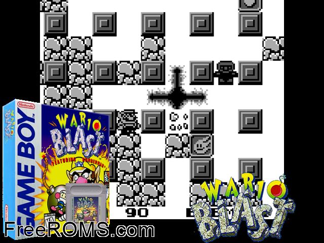 Wario Blast Featuring Bomberman! Gameboy Color game showing 3D box cover and gameplay screenshot