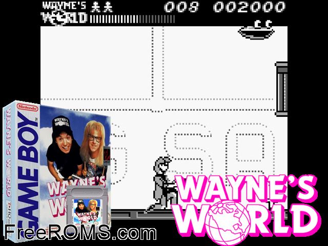 Waynes World Gameboy Color game showing 3D box cover and gameplay screenshot