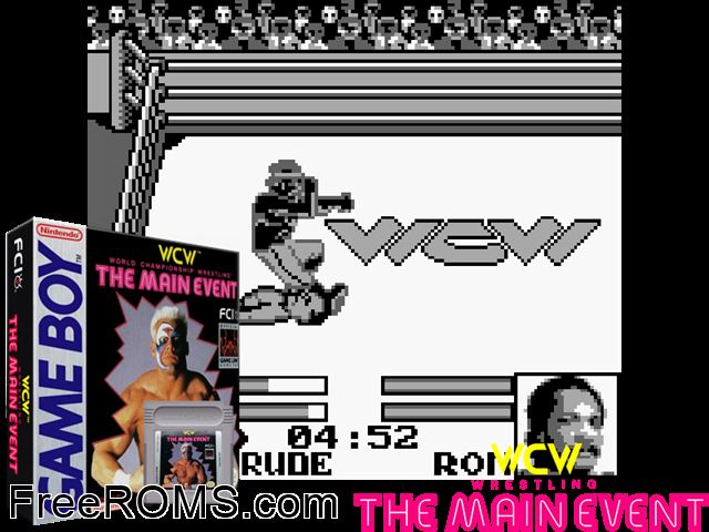 Wcw Main Event Gameboy Color game showing 3D box cover and gameplay screenshot