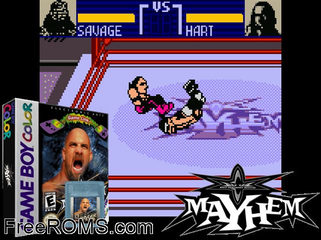 Wcw Mayhem Gameboy Color game showing 3D box cover and gameplay screenshot
