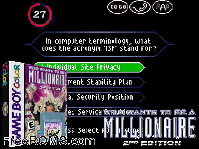 Who Wants To Be A Millionaire - 2nd Edition Gameboy Color game showing 3D box cover and gameplay screenshot