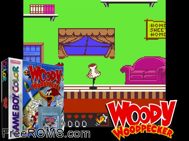 Woody Woodpecker Gameboy Color game showing 3D box cover and gameplay screenshot