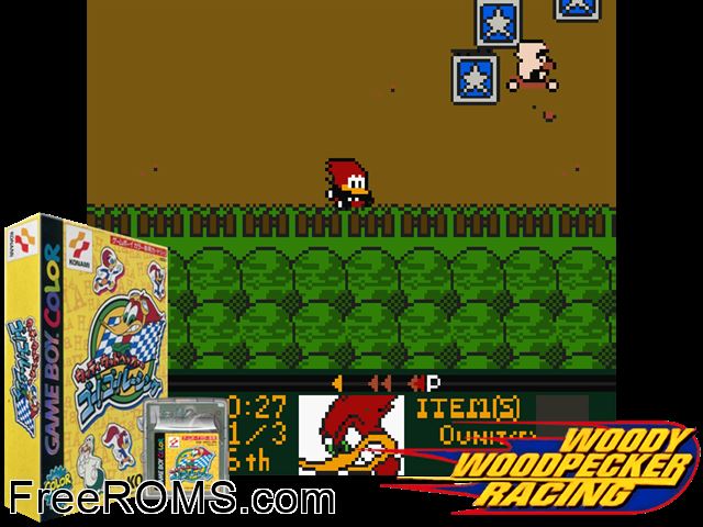 Woody Woodpecker No Go! Go! Racing (Japan) Gameboy Color game showing 3D box cover and gameplay screenshot
