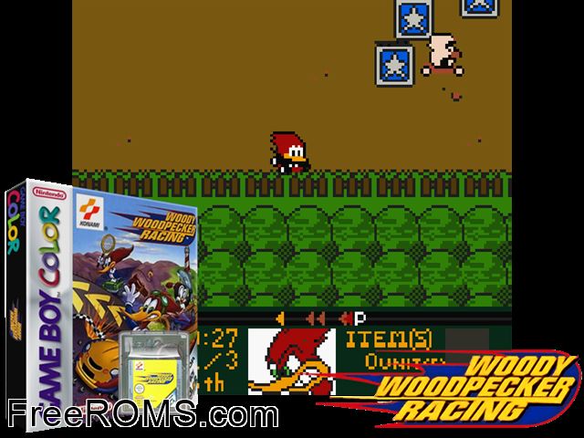 Woody Woodpecker Racing Gameboy Color game showing 3D box cover and gameplay screenshot