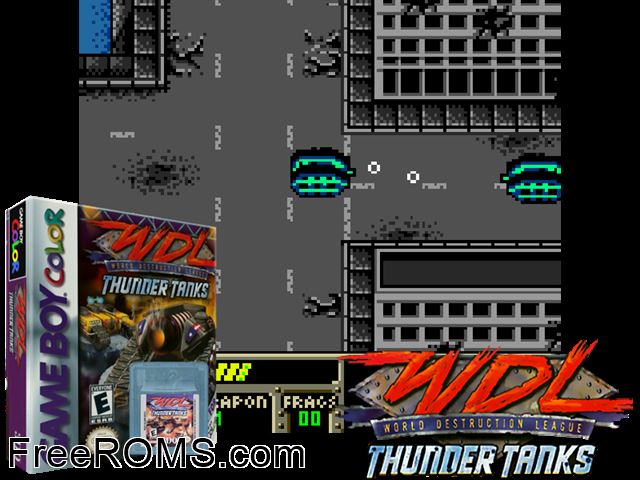 World Destruction League - Thunder Tanks Gameboy Color game showing 3D box cover and gameplay screenshot