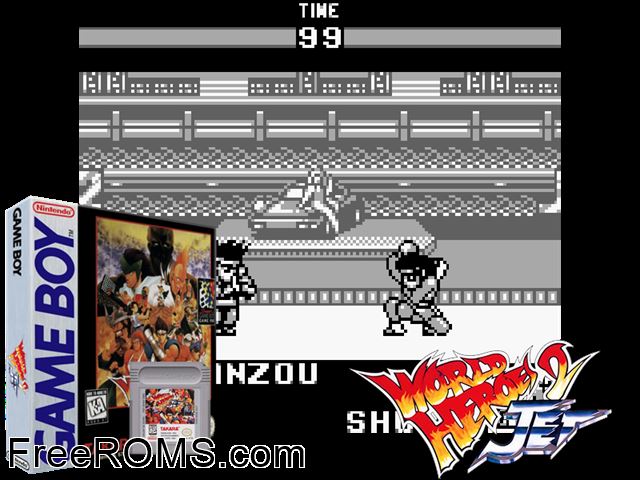 World Heroes 2 Jet Gameboy Color game showing 3D box cover and gameplay screenshot