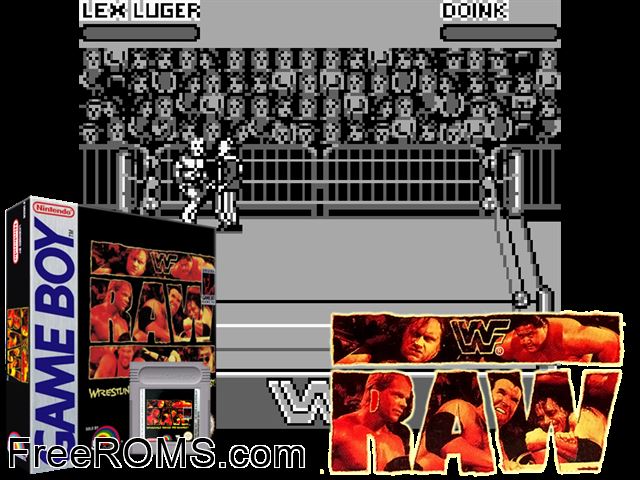 Wwf Raw Gameboy Color game showing 3D box cover and gameplay screenshot