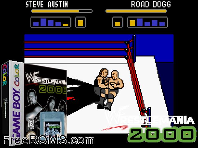 Wwf Wrestlemania 2000 Gameboy Color game showing 3D box cover and gameplay screenshot