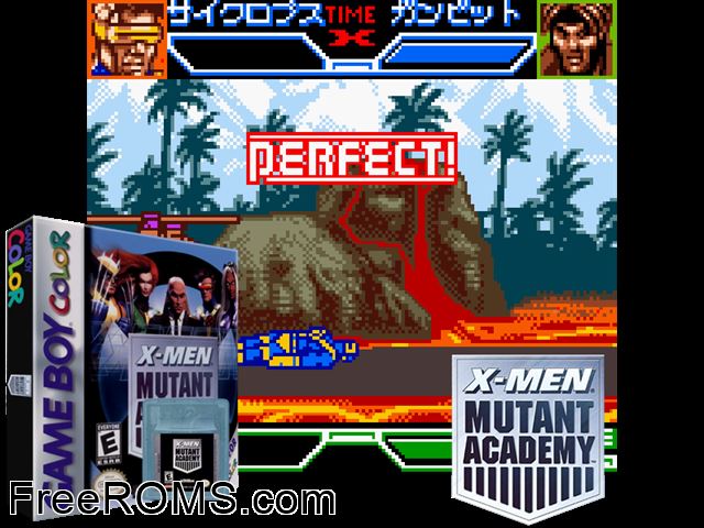 X-Men - Mutant Academy Gameboy Color game showing 3D box cover and gameplay screenshot