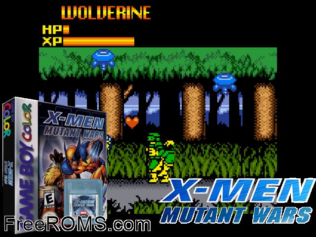 X-Men - Mutant Wars Gameboy Color game showing 3D box cover and gameplay screenshot