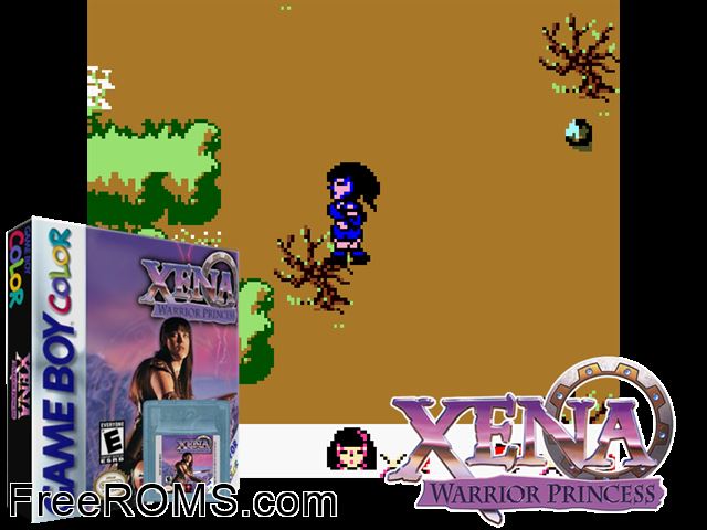 Xena - Warrior Princess Gameboy Color game showing 3D box cover and gameplay screenshot