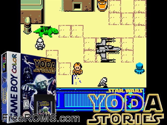 Yoda Stories Gameboy Color game showing 3D box cover and gameplay screenshot
