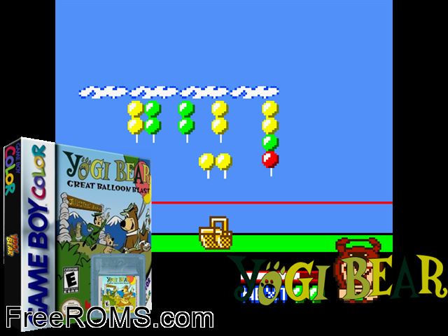 Yogi Bear - Great Balloon Blast Gameboy Color game showing 3D box cover and gameplay screenshot