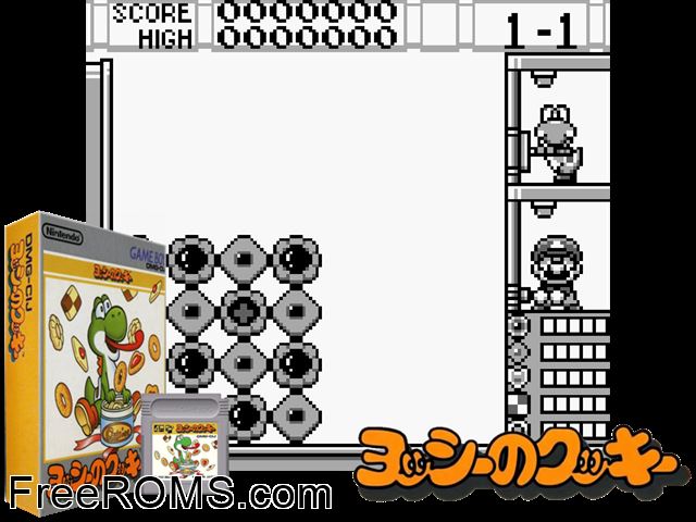 Yoshi No Cookie (Japan) Gameboy Color game showing 3D box cover and gameplay screenshot