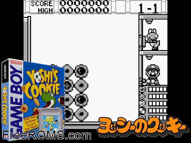 Yoshis Cookie Gameboy Color game showing 3D box cover and gameplay screenshot