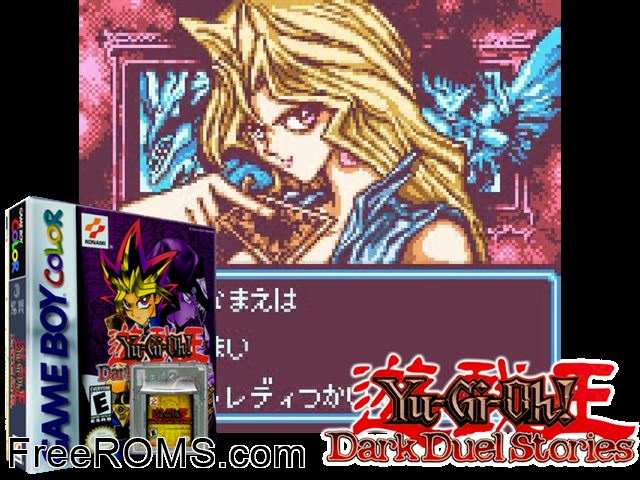 Yu-Gi-Oh! Dark Duel Stories Gameboy Color game showing 3D box cover and gameplay screenshot