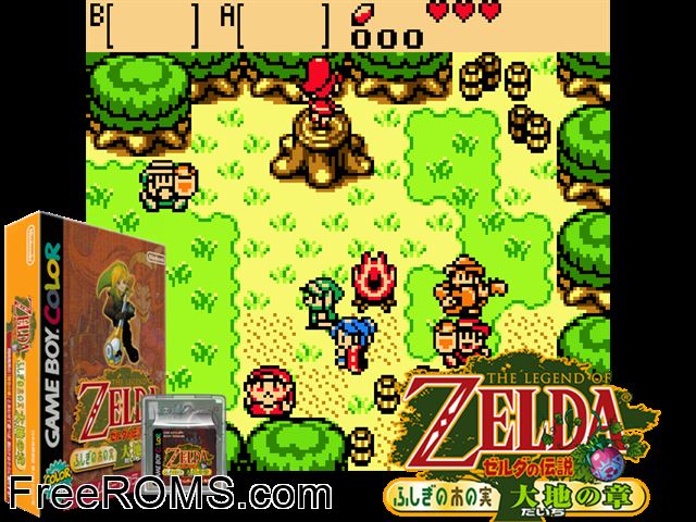 Zelda No Densetsu Fushigi No Kinomi Daichi No Shou (Japan) (Gba V0.3) Gameboy Color game showing 3D box cover and gameplay screenshot