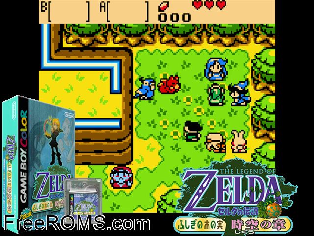 Zelda No Densetsu Fushigi No Kinomi Jikuu No Shou (Japan) (Gba V0.3) Gameboy Color game showing 3D box cover and gameplay screenshot