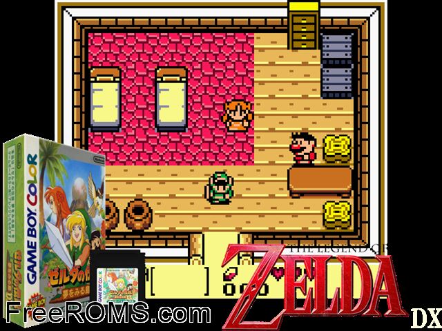 Zelda No Densetsu Yume O Miru Shima Dx (Japan) (V1.1) Gameboy Color game showing 3D box cover and gameplay screenshot