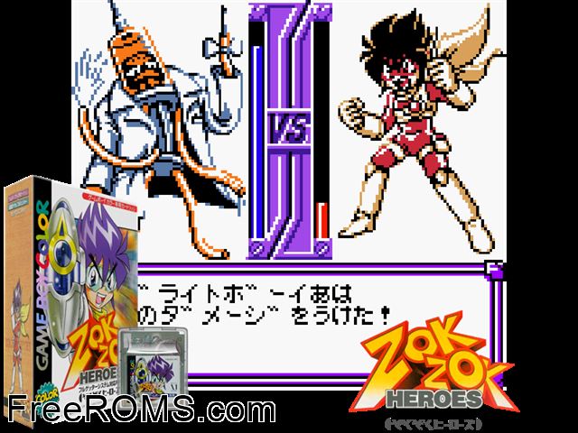 Zok Zok Heroes (Japan) Gameboy Color game showing 3D box cover and gameplay screenshot