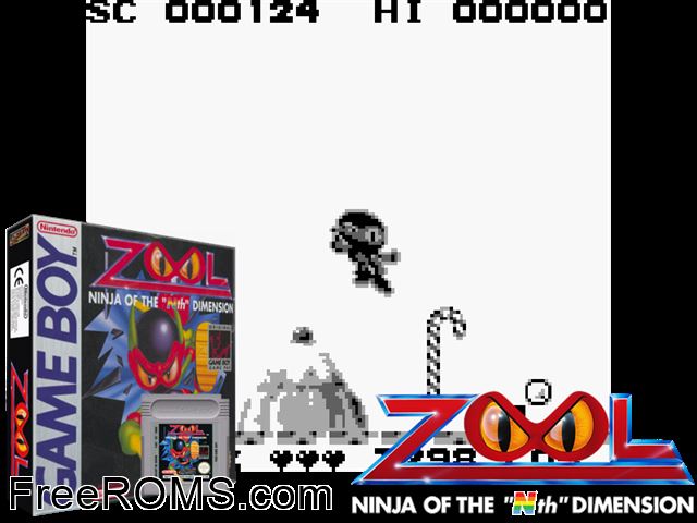 Zool Gameboy Color game showing 3D box cover and gameplay screenshot