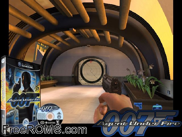 007 Agent Under Fire (v1.01) Nintendo Gamecube game showing 3D box cover and gameplay screenshot