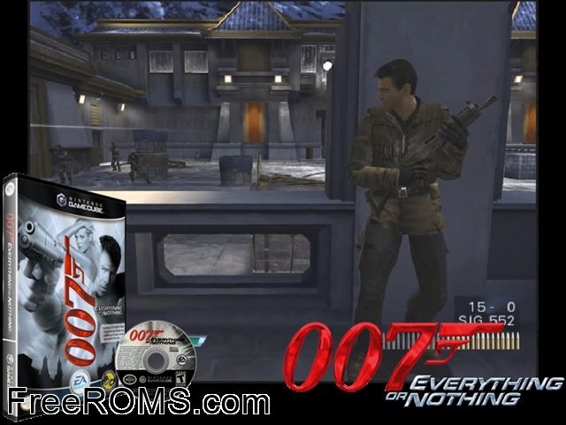 007 Everything or Nothing Nintendo Gamecube game showing 3D box cover and gameplay screenshot