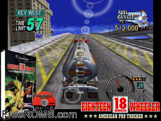 18 Wheeler - American Pro Trucker Nintendo Gamecube game showing 3D box cover and gameplay screenshot